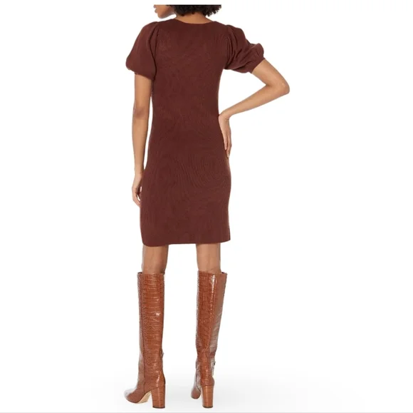NWT French Connection Jaida Square Neck Puff Sleeve Sweater Dress Brown Ribbed - Picture 2 of 12